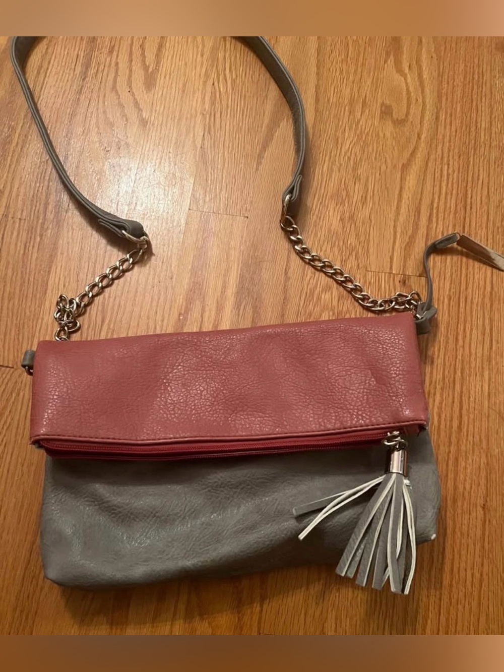 Two-Tone Rose and Gray Foldover Crossbody Bag with Tassel